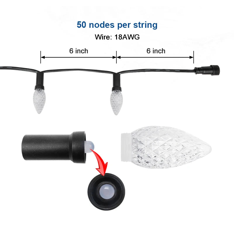Détail des lumières ovales RVB C9 sur la guirlande LED