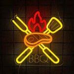 néon lumineux barbecue steak fourchette couteau flamme porc kebab rouge blanc moderne fixations murales