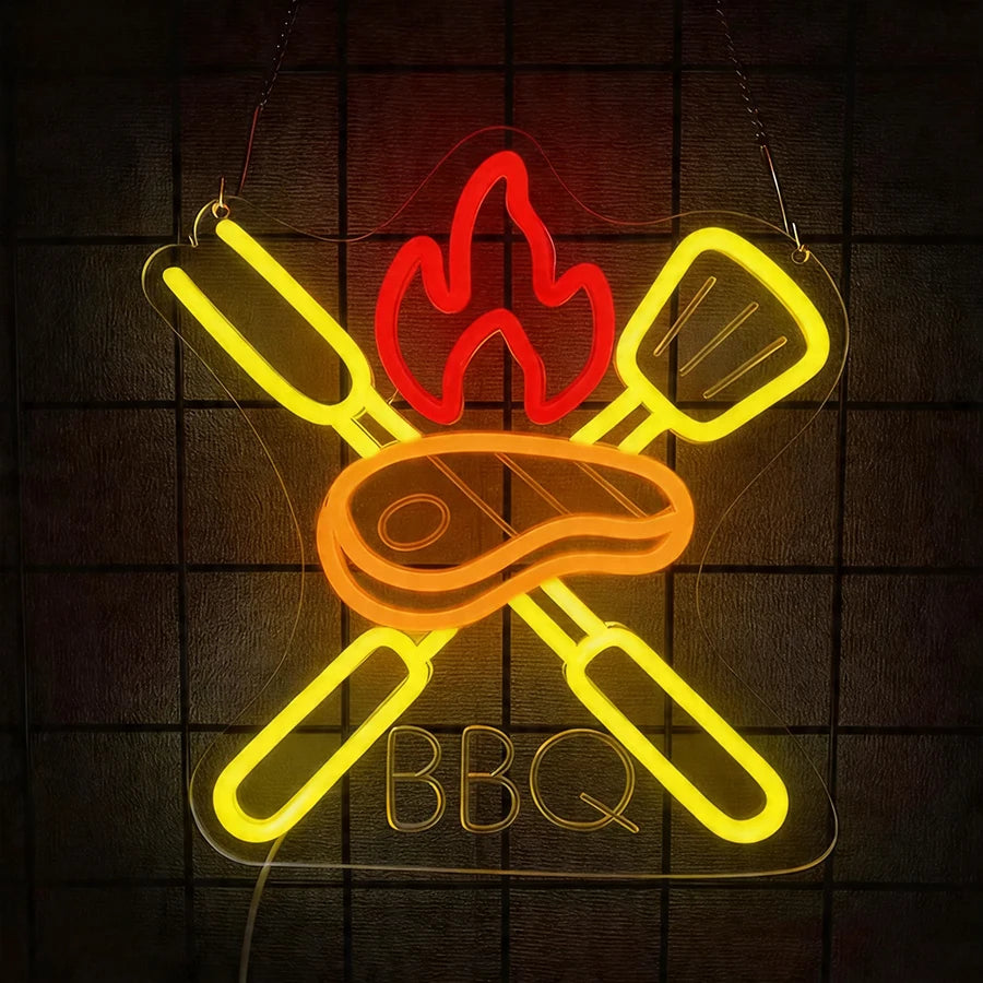 néon lumineux barbecue steak fourchette couteau flamme porc kebab rouge blanc moderne fixations murales