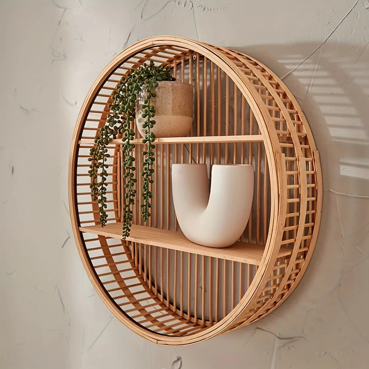 étagère murale circulaire bois naturel bohème ethnique compartiments vases plante grimpante décoration murale vintage