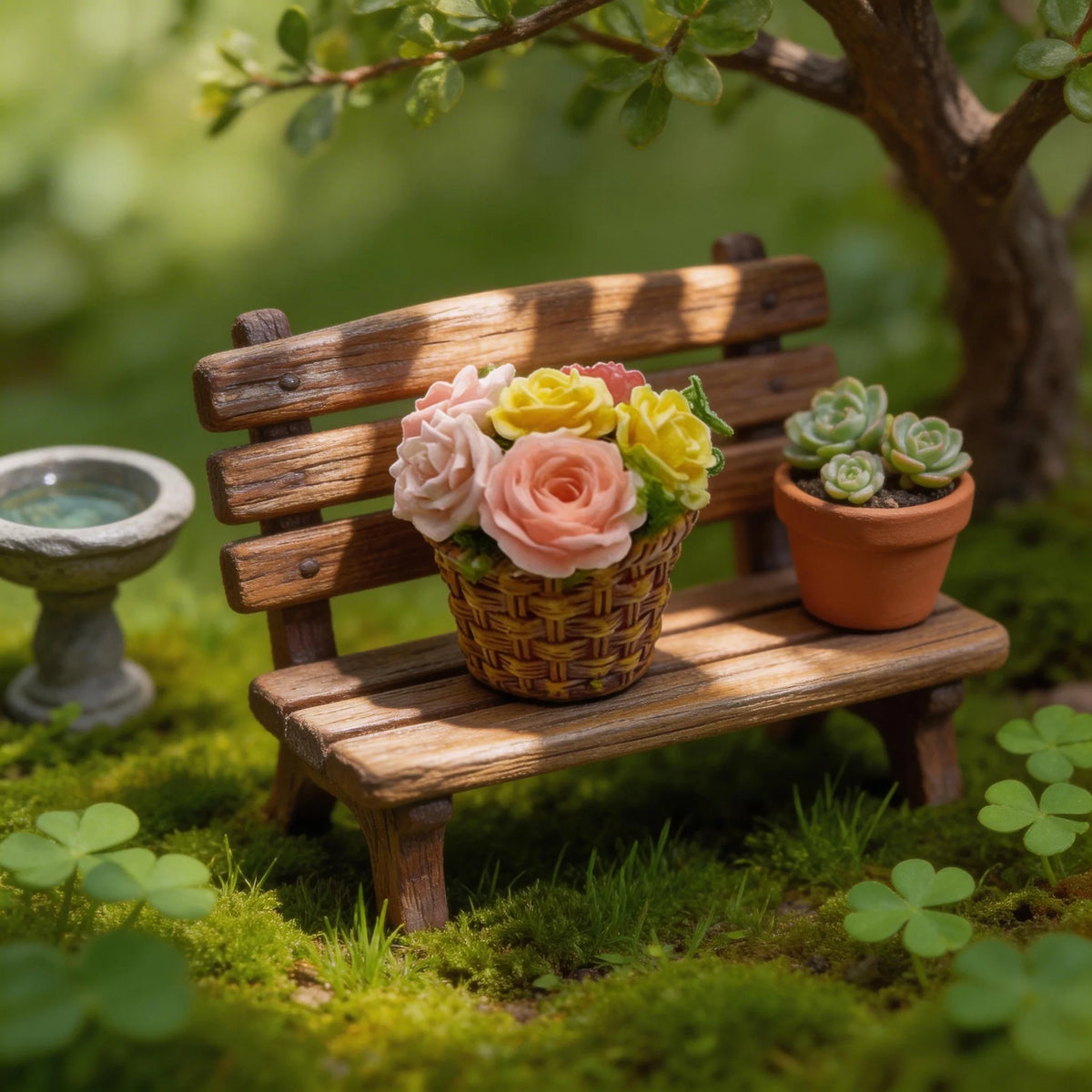 miniature banc bois paniers osier fleurs roses jaunes vintage set decoextérieur