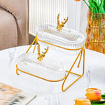 assiettes fruits divisées transparentes rayures horizontales moderne élégant couvercle support métallique doré