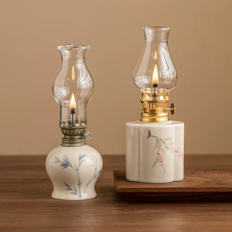 lampe huile vintage céramique transparente fleurs bambou blanc bleu doré artisanal