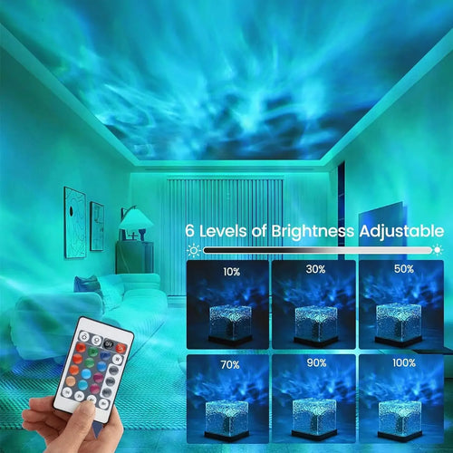 lampe nuit projecteur effets ondes d'eau transparente bleu clair jaune doré moderne télécommande couleurs