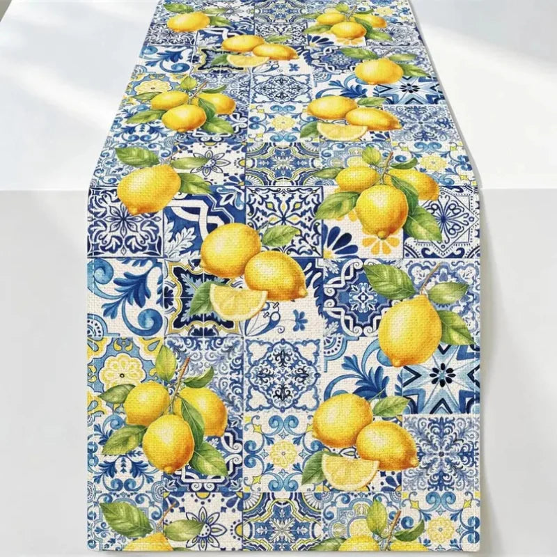 tableau table lin motif citron bleu carreaux floral méditerranéen italien noël halloween pâques