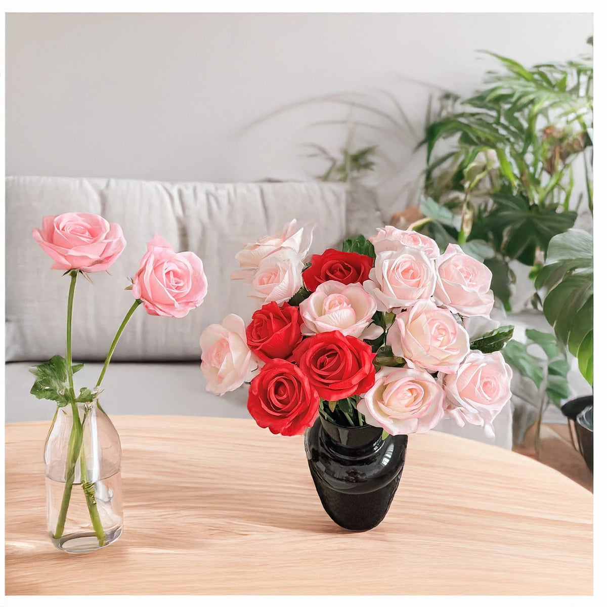 bouquet roses artificielles fleurs soie feuilles vertes décoration mariage intérieur moderne minimaliste