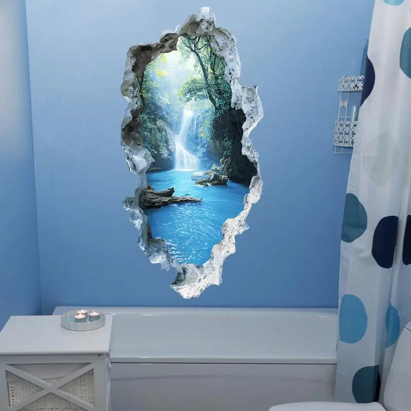 décoration murale paysage cascade forêt tropicale effet 3d moderne autocollant chambre bain