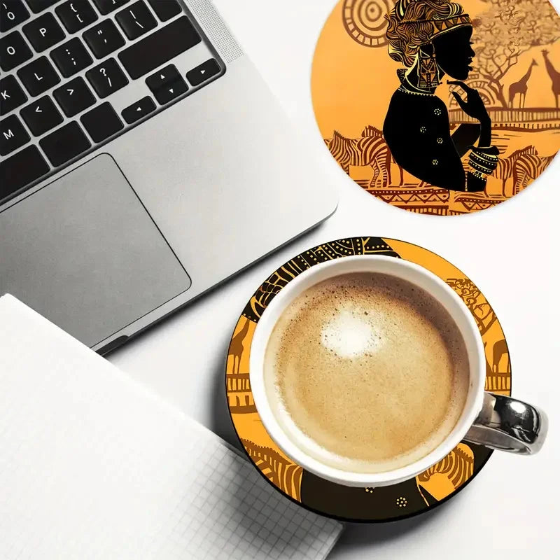 coasters bois orange noir motifs ethniques personnages traditionnels geometriques salon cuisine