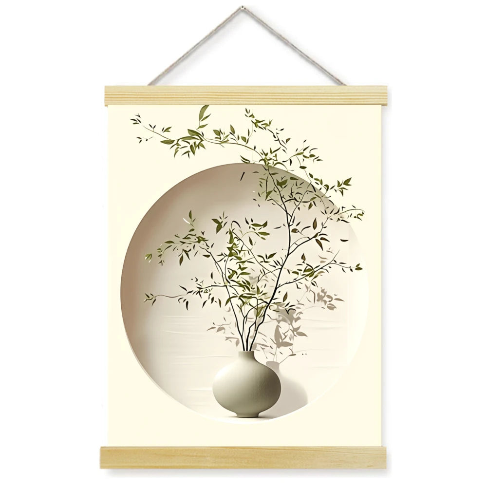 cadre mural moderne feuilles verte toile encadrée bois beige suspension corde minimaliste abstraite
