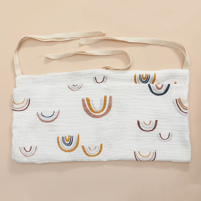 sac rangement lit bébé coton coeurs dorés gris simple double poche fixation ruban