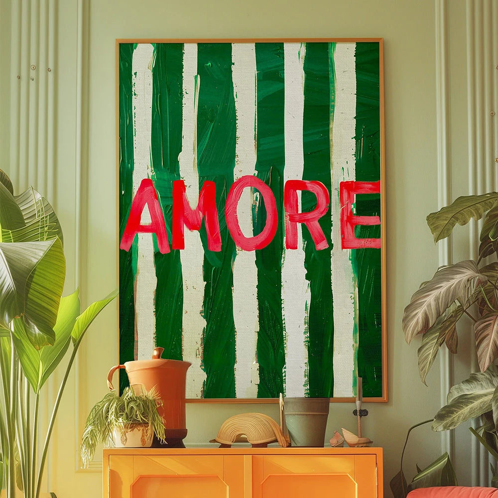 affiche moderne vert amore cadre métal chambre salon rouge blanc rayures vertical