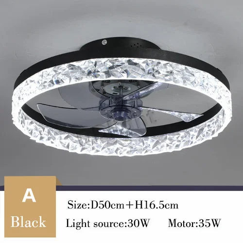 ventilateur lampe led télécommande moderne cristaux noir doré élégant fixations opaques