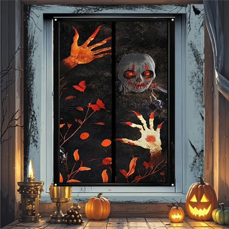 décorations fenêtre halloween crâne citrouille mains feuilles fantôme effrayant noir orange blanc