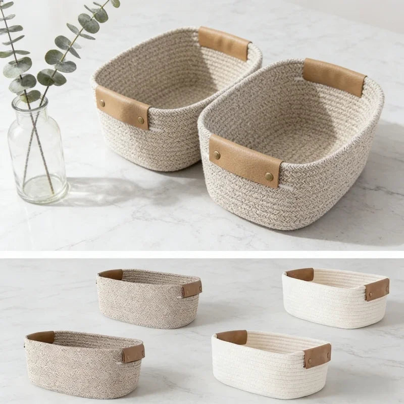 paniers rangement tissés main khaki clair blanc modernes rustiques poignées cuir eco friendly