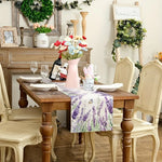 tableau chemin table imprimé floral lavande violet lilas vert blanc rustique décoration table extérieur