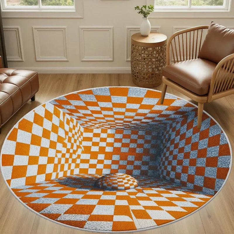 tapis rond moderne optique points carreaux noir blanc orange bleu 80x80cm 120x120cm
