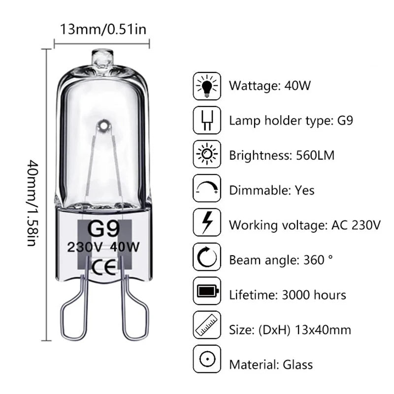 ampoules halogènes transparentes 12V 220V G4 G5.3 G9 filament classique 20W 25W 35W 40W