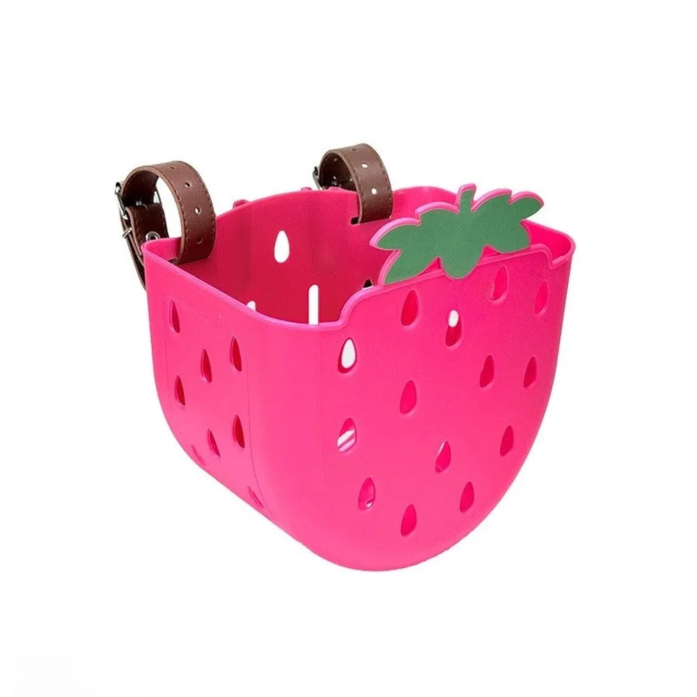 panier vélo enfant rose clair fraises blanches mignon noirs plastique facile