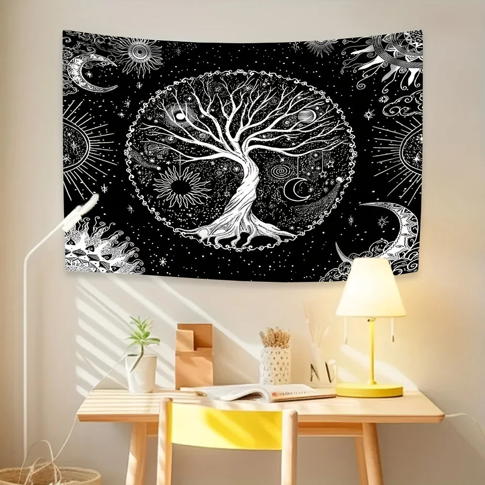tapis mural bohème arbre vie soleil lune motifs végétaux noir blanc decoration