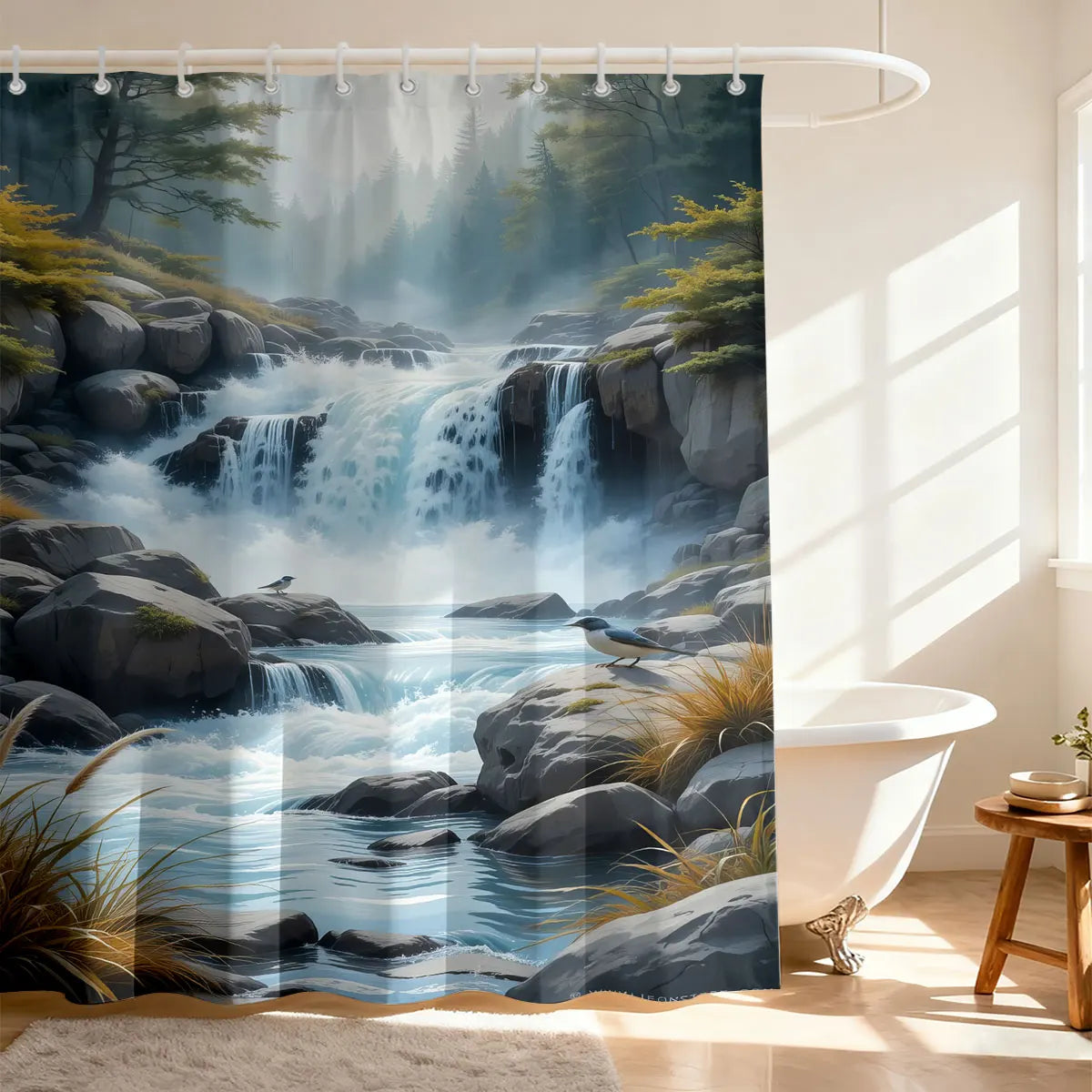 rideau douche moderne paysage cascade arbres fleurs opacité vert bleu blanc rouge jaune noir