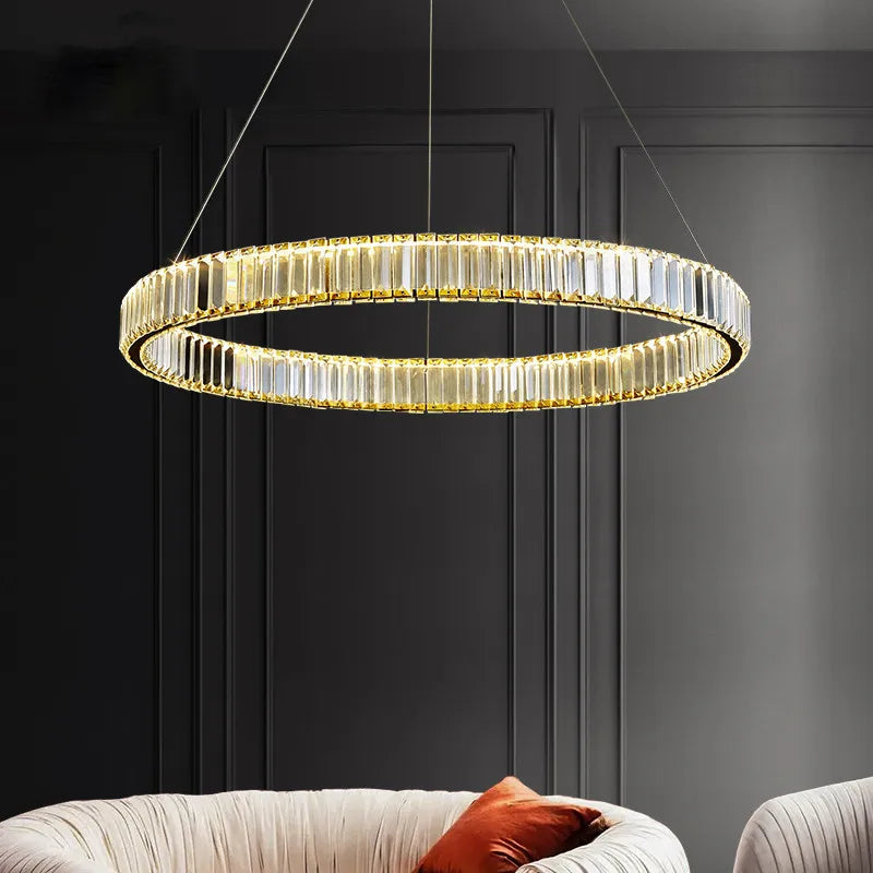 suspension lumineuse moderne or transparent cristaux led télécommande élégante salon chambre
