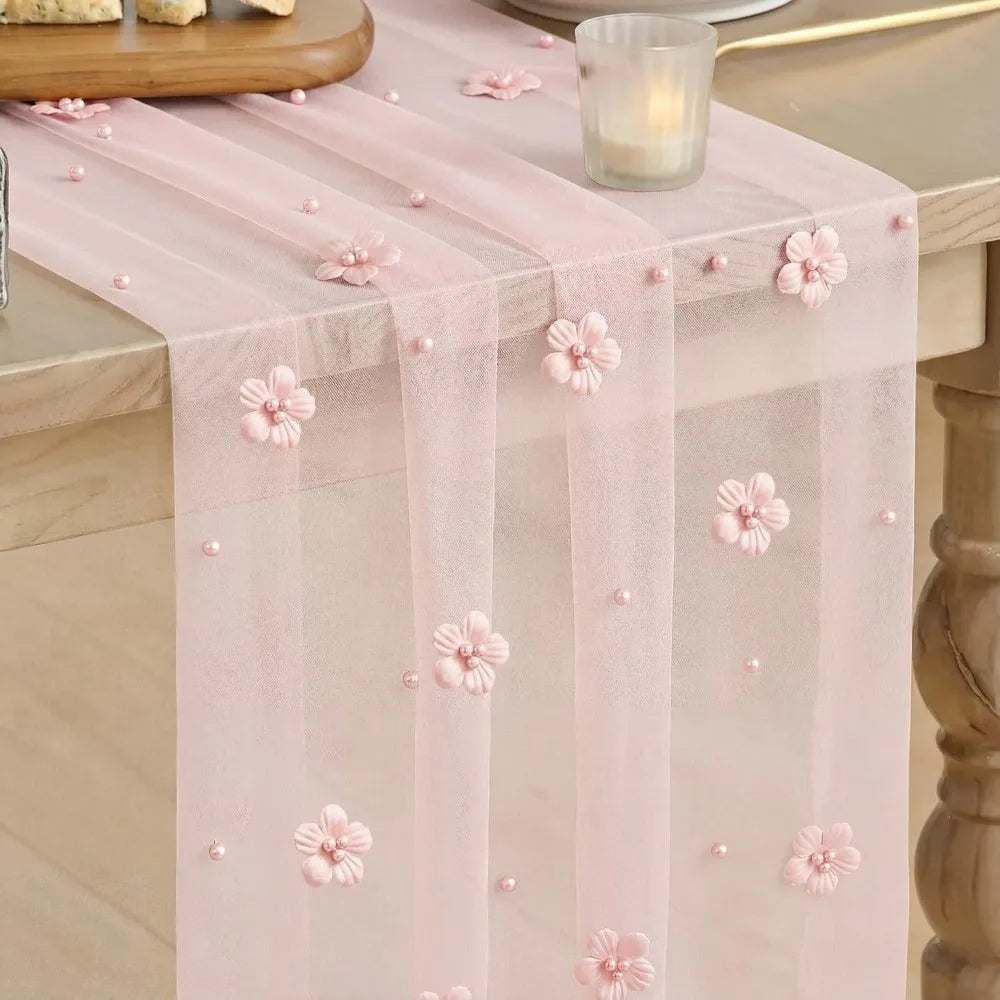 nappe tulle transparente motif floral 3d rose bleu vert blanc festive mariage