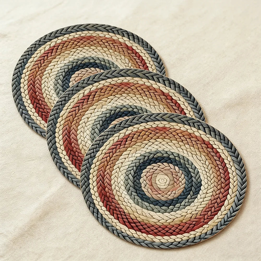 tapis table tissé artisanal spirale concentrique bleu marine beige rouge hiver noël rustique