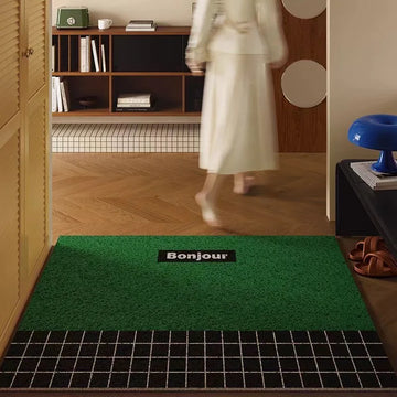 tapis d'entrée moderne noir motif grille blanche texte bonjour sol intérieur anti dérapant pvc