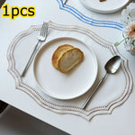 tapis table décoratif vintage lin motifs géométriques blanc beige bleu noir
