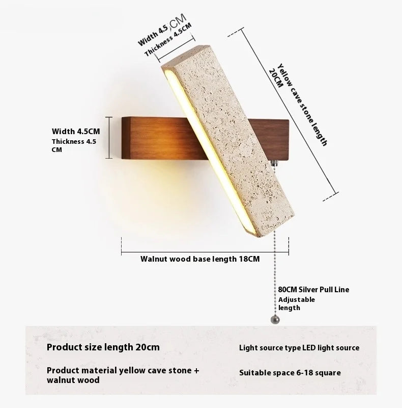 lampe murale led moderne minimaliste pierre bois marron clair interrupteur texture granitique