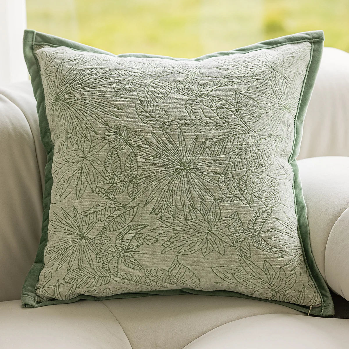 housse coussin carrée jacquard motif floral vert beige gris décoration salon chambre moderne chic