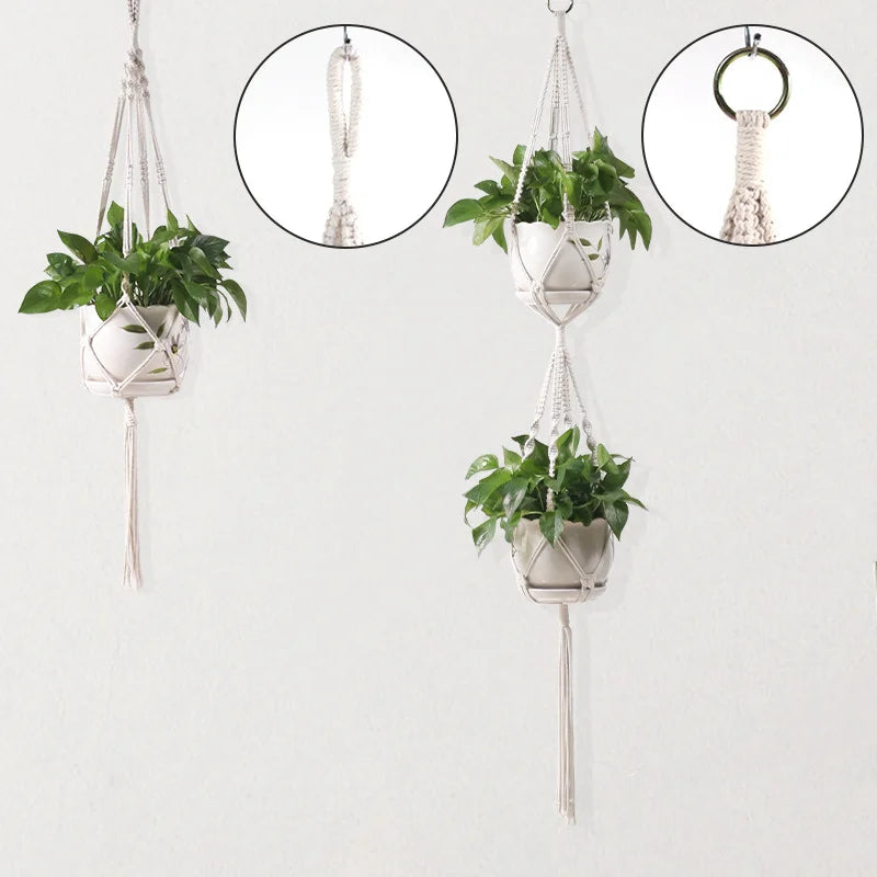 support plante suspendue macramé boho rotin blanc sculpté main decoration maison balcon jardin anneau