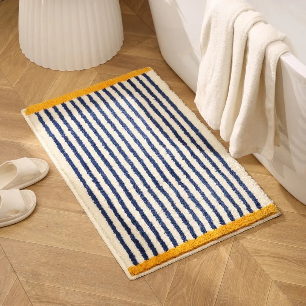 tapis bain moderne rayures horizontales carreaux géométriques résistant taches blanc bleu marine