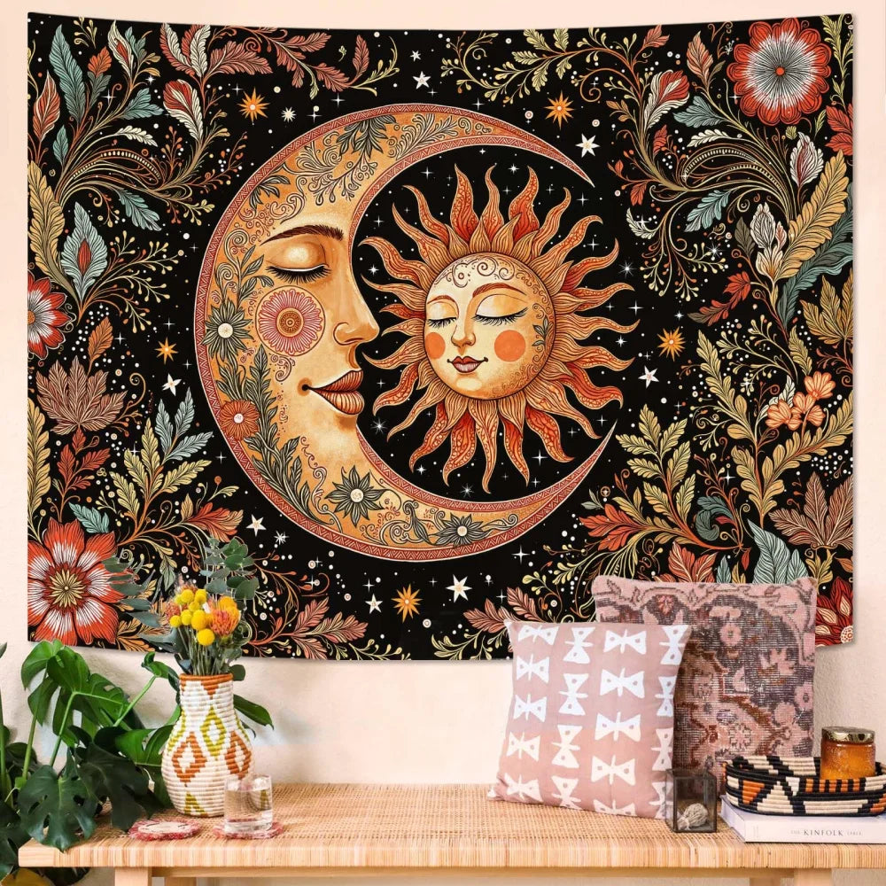 tapisserie boho floral soleil lune étoiles noir rouge vert chambre salon decoration