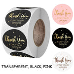autocollants merci votre commande noir rose doré transparents élégants cœurs écriture manuscrite lot 50