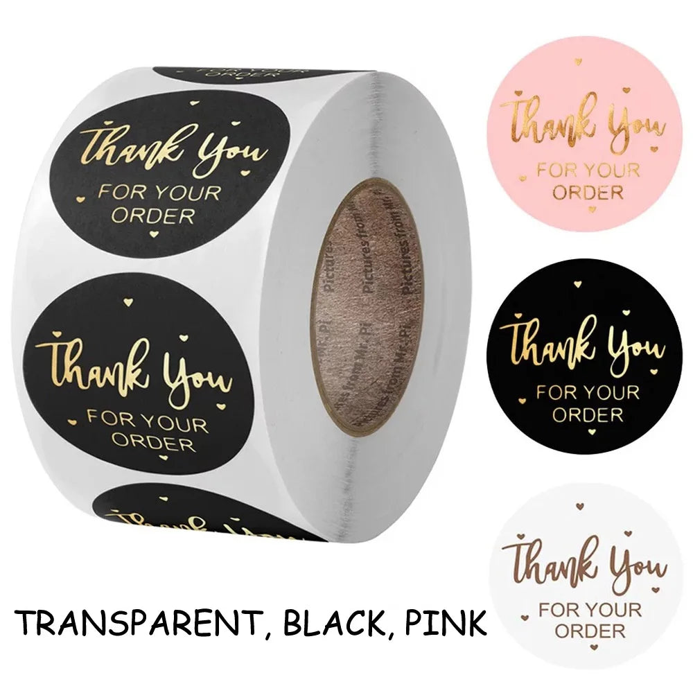 autocollants merci votre commande noir rose doré transparents élégants cœurs écriture manuscrite lot 50