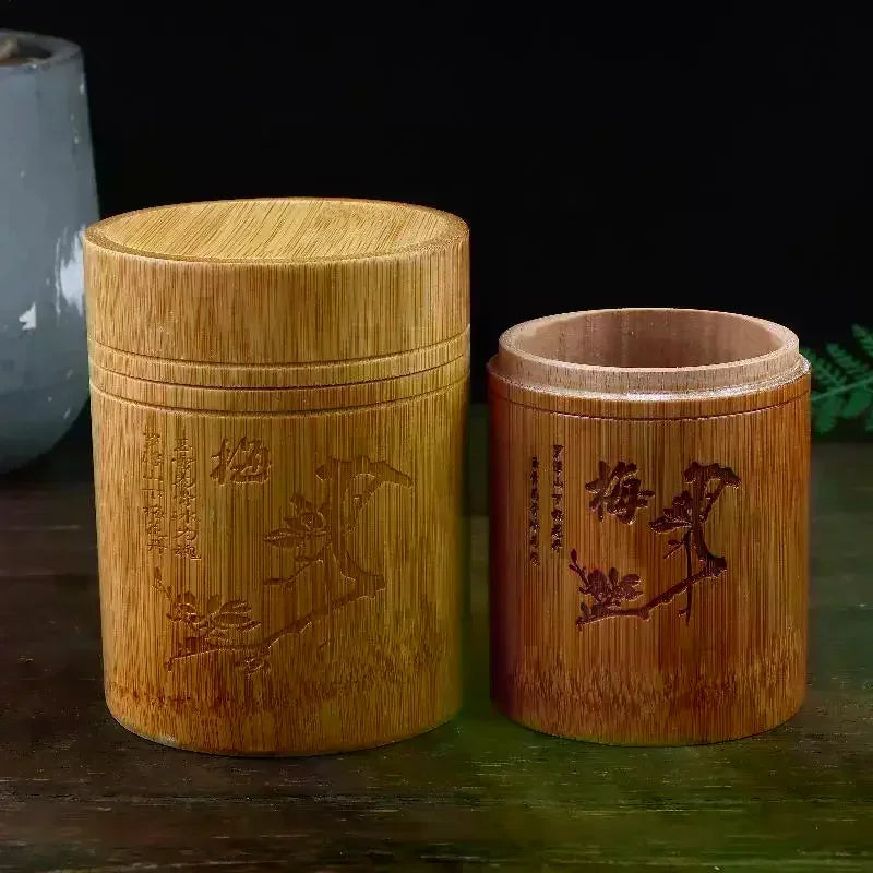 boîtes thé bois gravées motifs bambou traditionnel rangement épices naturel bruns motifs feuillesbranches