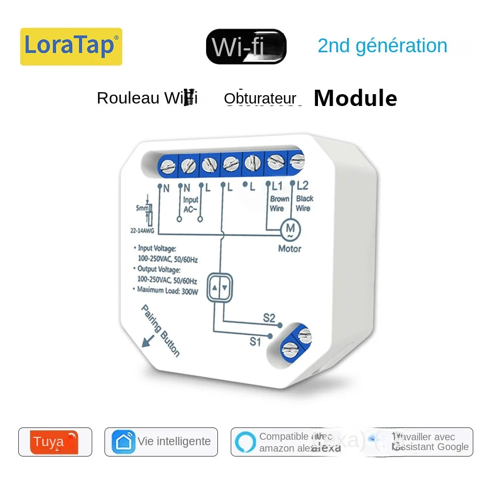 module commutation rideau blanc moderne tringle commande câbles connectivité google alexa