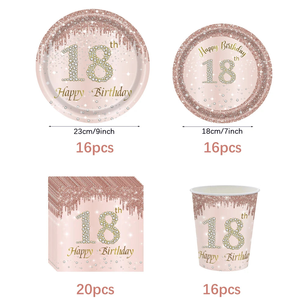 ensemble vaisselle jetable anniversaire rose gold assiettes serviettes gobelets pailles paillettes décoratif fête