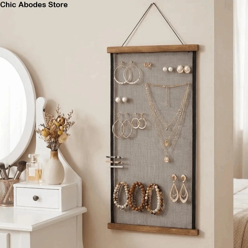 porte bijoux mural bois rustique gris brun clair toile lin multiple utilisation