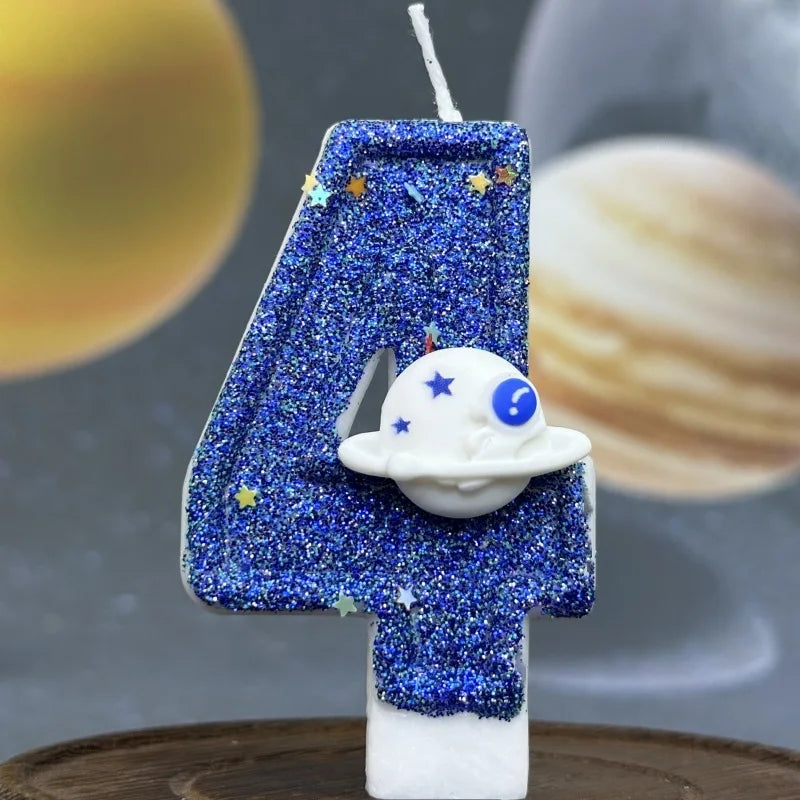 bougies numéraires bleu pailleté motif étoiles thème espace anniversaire mariage fiançailles tringle
