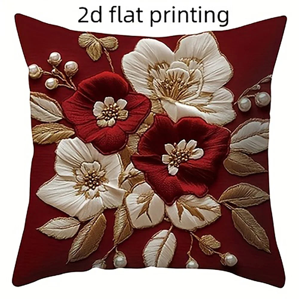 taies d'oreiller décoratives motif floral rouge bordeaux coussins carrés polyester 45x45cm décoration maison hospitalière