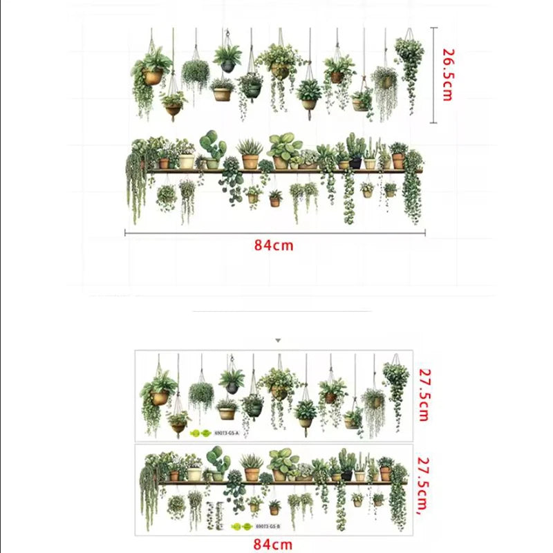stickers muraux aquarelle plante pot cactus succulente oiseau papillon étagère bois nature bohème chambre