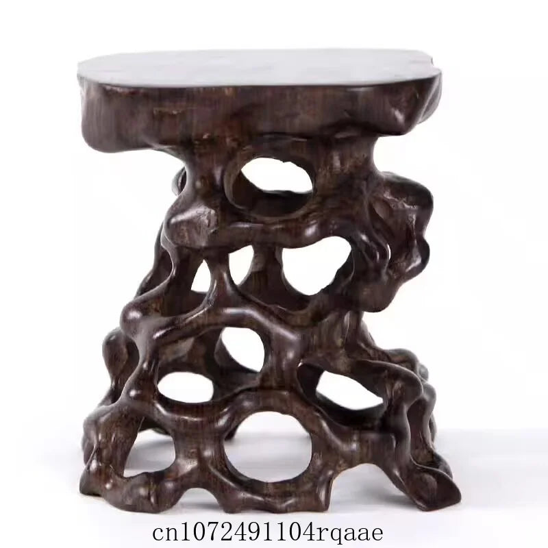 support bois sculpté ouvert théière tasse marron foncé structure organique rétro artisanal naturelDecorationBureau