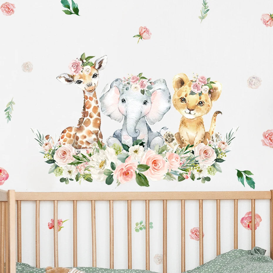 Autocollant mural floral rose aquarelle avec animaux de la jungle pour chambre bébé fille