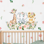 Autocollant mural floral rose aquarelle avec animaux de la jungle pour chambre bébé fille
