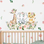 Autocollant mural floral rose aquarelle avec animaux jungle pour chambre bébé fille - Décoration murale enfant