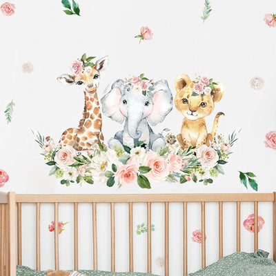 Autocollant mural floral rose aquarelle avec animaux de la jungle pour chambre bébé fille