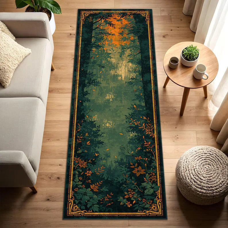 tapis runner forestier motif arbres vert foncé moderne salon entrée cuisine chambre