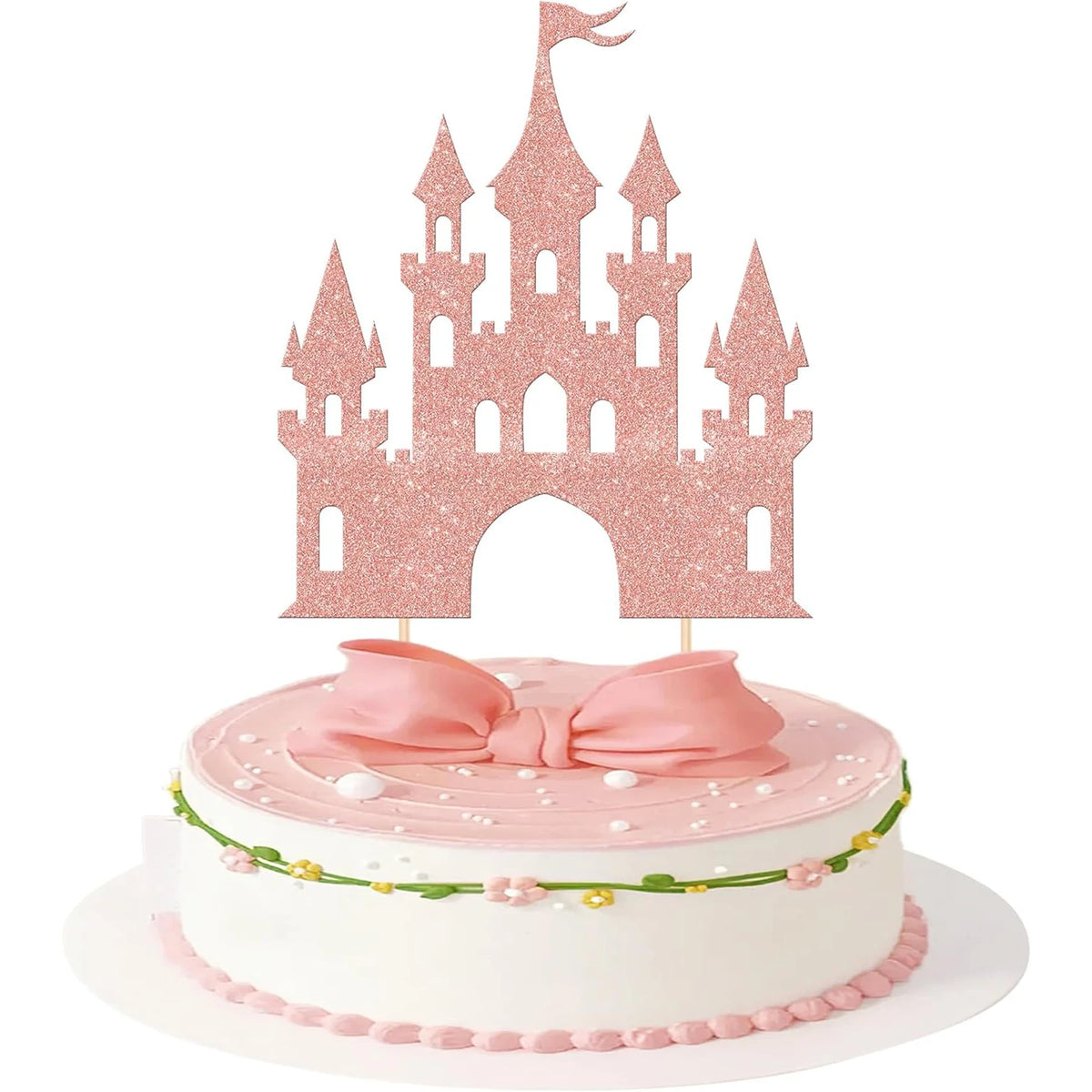 décoration gâteau château glitter princesse doré bleu rose anniversaire fête piquettes bambou